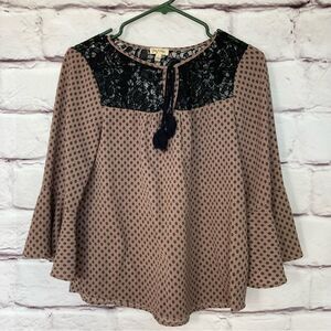 Lily White Women’s Size L Brown Black Boho Lace Yoke Bell Sleeve Blouse EUC
